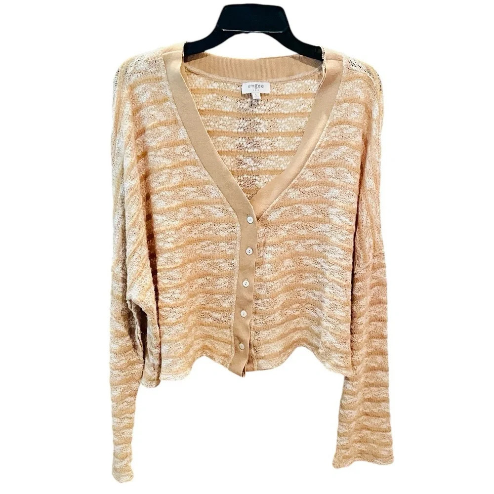 Umgee oversized cropped mohair blend button cardigan sweater SZ L tan white